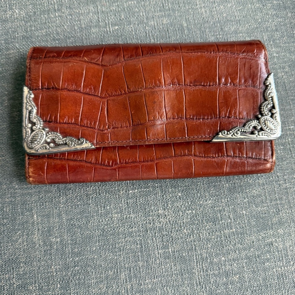 Brighton Brown Croc-Embossed Wallet with Silver Accents